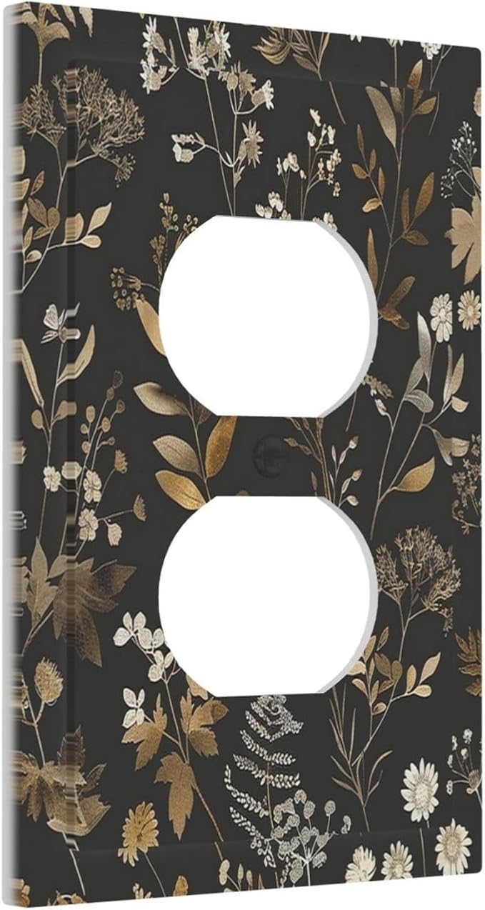 Outlet Covers Black Gold Floral Dark Leaves Vintage Flowers 1 Gang Duplex Light Switch Cover Decorative Switch Plates Electrical Receptacle Faceplate Wall Plate for Bed Room Home Decor
