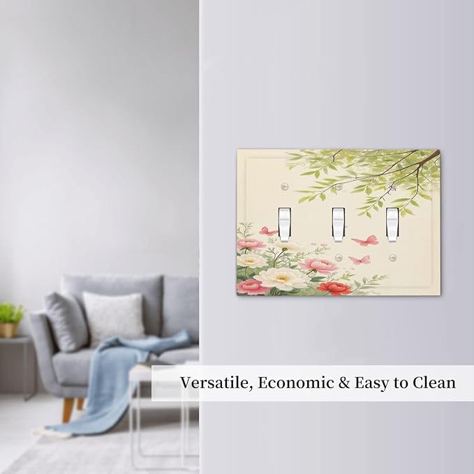 Decorative Switch Plates Garden Flowers Green Leaves And Butterflies 3 Gang Wall Plate Faceplate Triple Toggle Light Switch Cover Electrical Wall Panels for Bedroom Cabin Decor