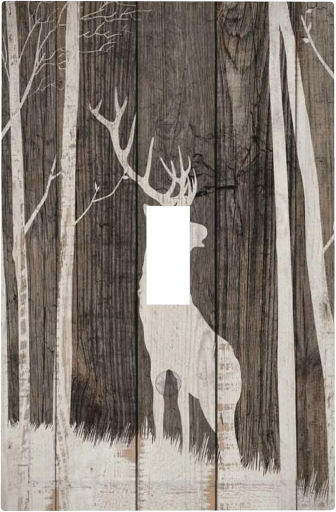 Vintage Wood Forest Deer Wildlife Animal Silhouette Decorative Light Switch Cover 1 Gang Single Toggle Device Electrical Faceplate Switchplates Decorator Outlet Wall Plate for Farmhouse Home Decor