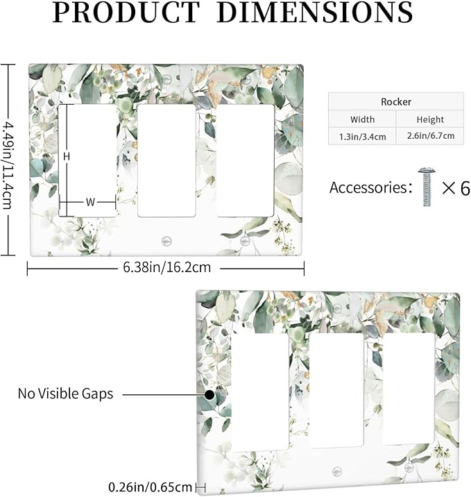 Green Leaves Watercolor Triple Gang Rocker Decorative Light Switch Cover, 3-Gang Wall Plate Outlet Cover