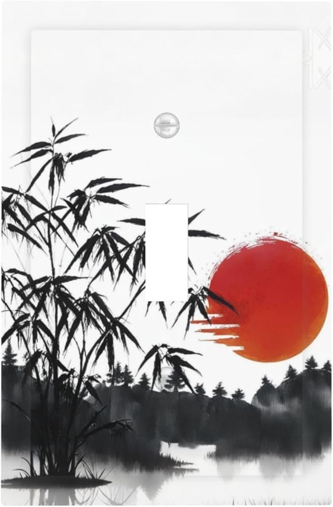 Decorative Light Switch Plate Covers Artistic Describe Black Bamboo Japanese Red Sun 1 Gang Wall Plate Single Toggle Switch Cover Plate Jumbo Electrical Switchplate Receptacle Faceplate