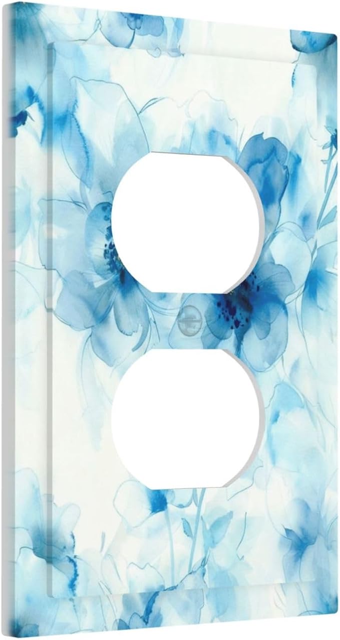 Watercolor Flower Blue White Large Floral Leaf Plants Outlet Covers 1 Gang Duplex Light Switch Cover Decorative Switch Plates Electrical Receptacle Faceplate Wall Plate for Bedroom Living Room Decor