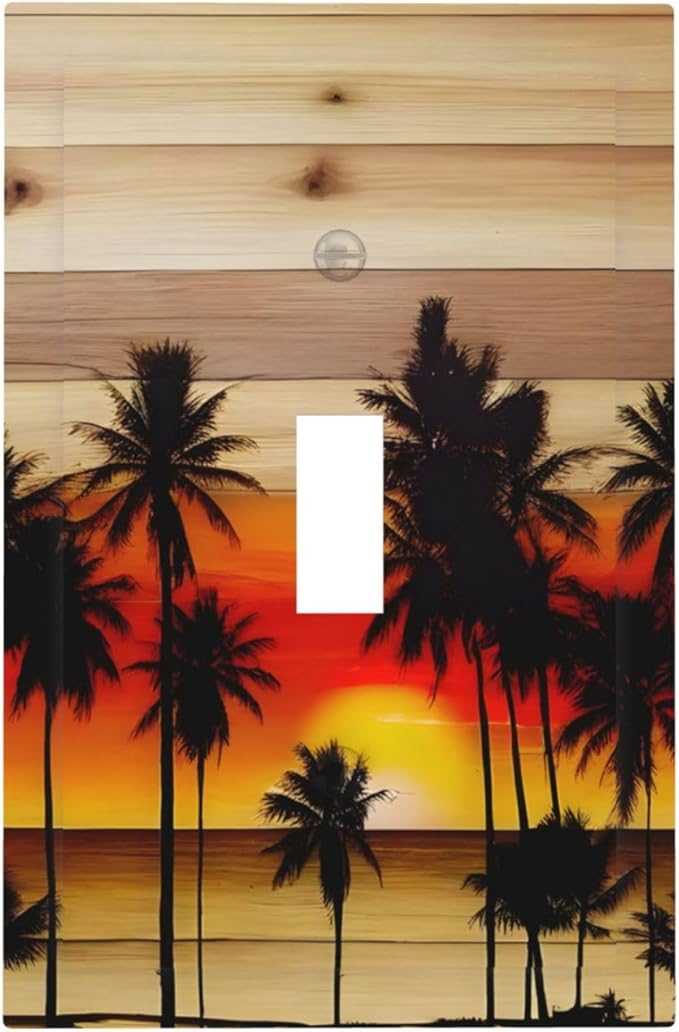Sunset Beach Coconut Palm Tree Wooden Background Decorative Light Switch Cover 1 Gang Single Toggle Device Electrical Faceplate Switchplates Decorator Outlet Wall Plate for Bedroom Living Room Decor