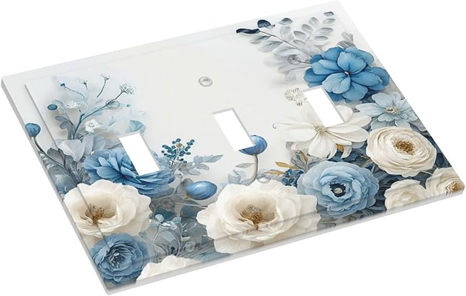 Decorative Light Switch Cover Blue Rose White Flowers Rustic Floral 3 Gang Wall Plate Oversized Triple Toggle Switch Cover Jumbo Electrical Face Plate for Home Decor