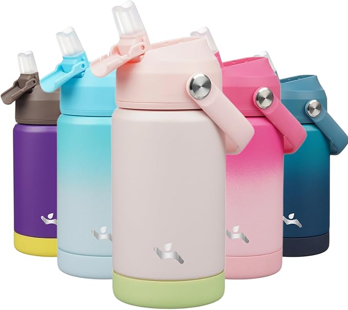 Konokyo Insulated Water Bottle with Straw Lid,12 oz Stainless Steel Vacuum Metal Bottle with Silicone Handle,Pearl