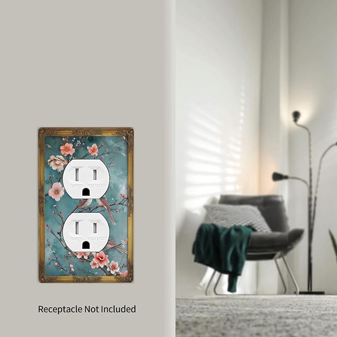 Decorative Art Light Switch Covers Vintage Chinoiserie Oriental - Teal Birds and Floral Branch 1 Gang Single Duplex Outlet Wall Plate Switchplate Electrical Faceplate for Home Decor
