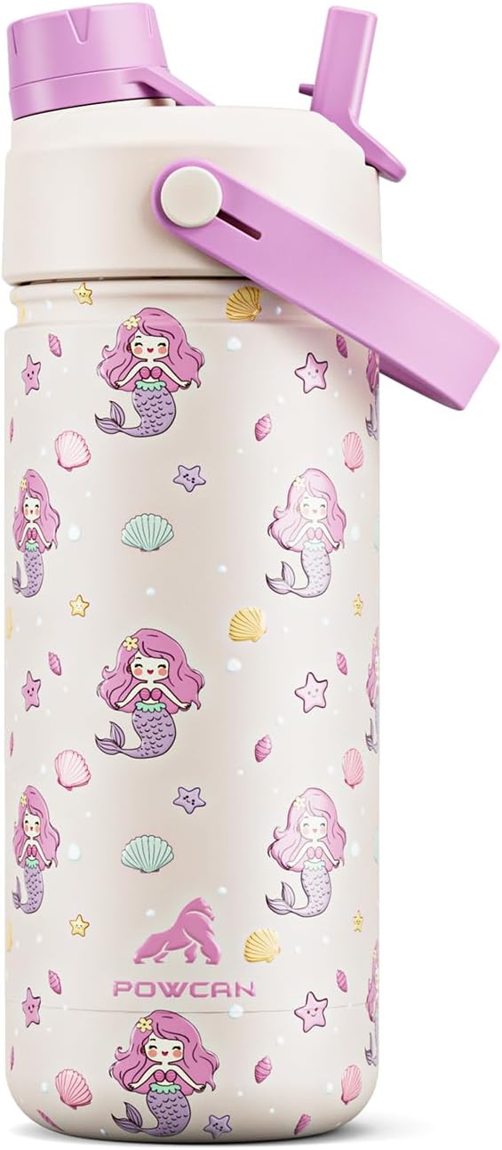18 oz Kids Insulated Mermaid Water Bottle for School: 2-in-1 Straw Spout Lid, Leakproof, BPA-Free, Keep Cold 24H, Reusable Stainless Steel Cup, Birthday Gift for Girls Daughters (Starry Mermaid)