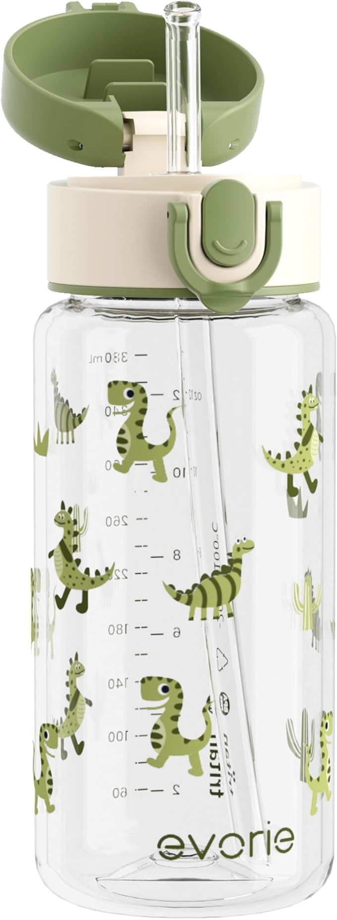 Evorie Tritan Kids Water Bottle with Straw, 13oz BPA-Free Leak Proof Drinking Bottle for School & Travel, Clear Water Bottle with Carry Strap, Dishwasher Safe, for Kids Ages 3+ (Green Dino)