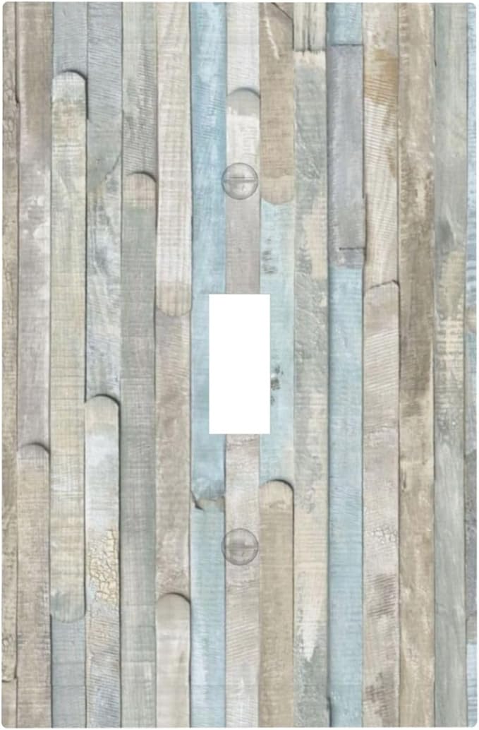 Rustic Vintage Country Farmhouse Kitchen Teal White Gray Blue Grey Wooden Wood Plank 1 Gang Electrical Single Toggle Device Switch Wall Plate Jumbo Size Decorative Outlet Light Switch Face Plate Cover