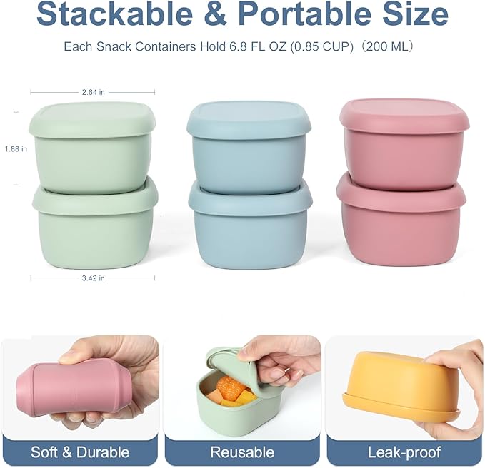 6 pcs 7 oz Silicone Snack Containers for Kids Small Food Containers with Lids, Fruit Containers for Lunch, Stackable Lunch Containers for Kids, Daycare, School and Travel