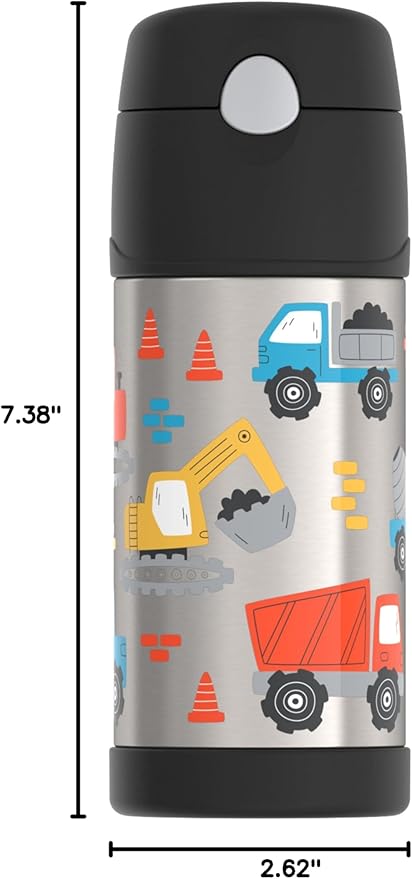 THERMOS FUNTAINER Water Bottle with Straw - 12 Ounce, Construction Site - Kids Stainless Steel Vacuum Insulated Water Bottle with Lid