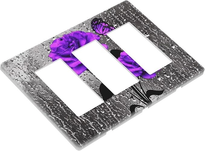Purple Gray Rose Butterfly 3-Gang Rocker/Decorator Wall Plate Cute Romantic Gray Blossom Flowers Floral Decorative Screwless Triple Device Light Receptacle GFCI Outlet Switch Faceplate Cover Dimmer