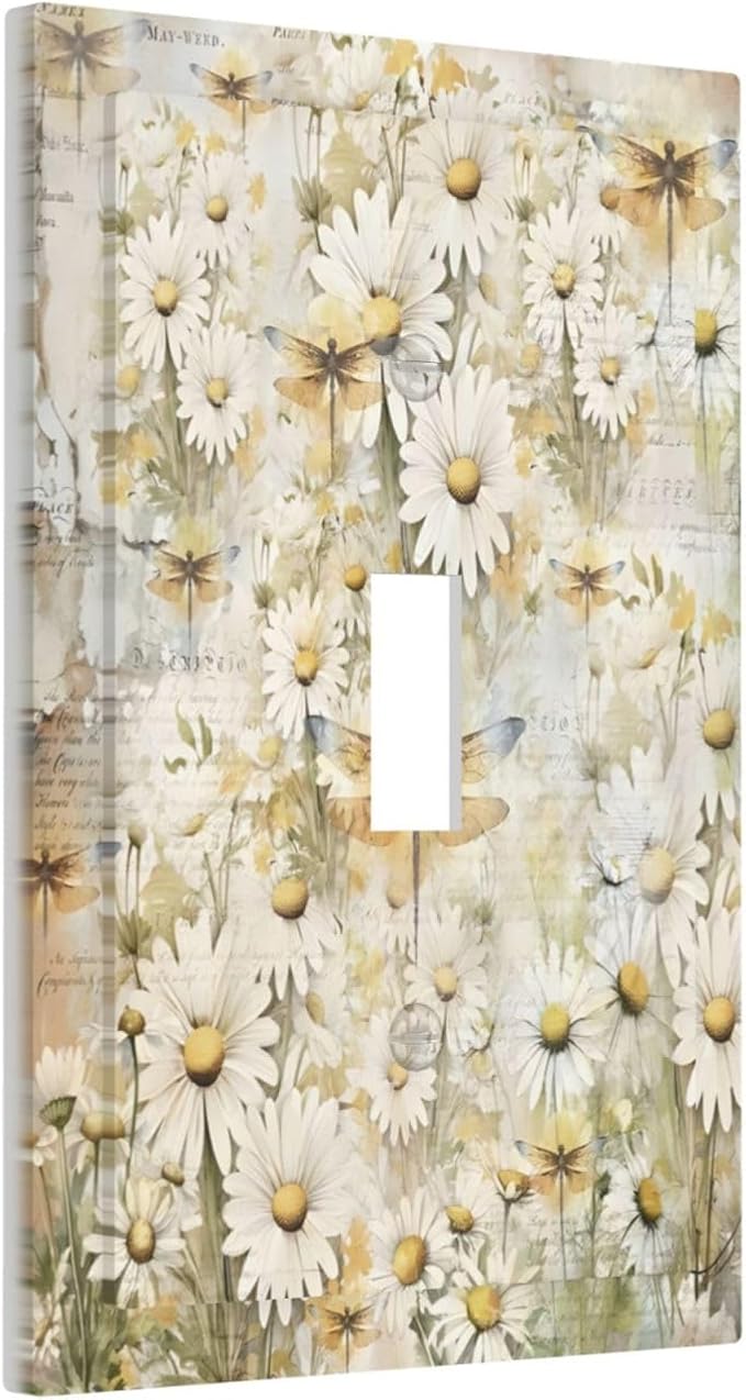 Vintage Letter Paper Wildflowers Dragonfly Daisy Floral Decorative Light Switch Cover 1 Gang Single Toggle Device Electrical Faceplate Switchplates Decorator Outlet Wall Plate for Farmhouse Bedroom