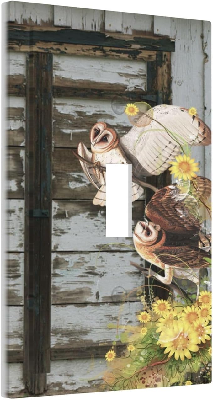 Vintage Brown Blue Old Wooden Door Single Toggle Wall Plate Covers 1 Gang Light Switch Cover Antique Barn Door with Owls Sunflower Faceplate Decorative Electrical for Bathroom Kitchen Home Decor