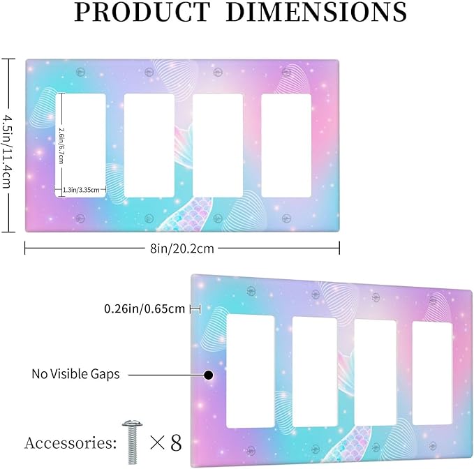 Mermaid 4 Gang Light Switch Cover Rainbow Tail Scales Jelly Fish Quad Rocker Outlet Covers Switchplates Wall Plate Decorative Electrical Faceplate for Nursery Girls Boys Room Kids Room
