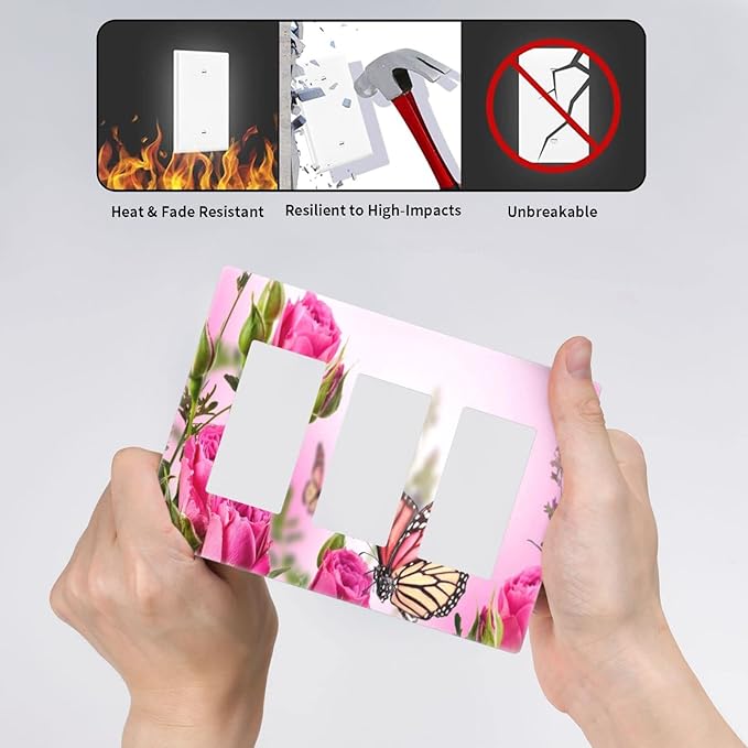 3 Gang Triple Rocker/Decor Light Switch Wall Plate Cover Decorative Butterfly Floral Pink Rose Blossom Electrical Faceplate Switchplates for Girl Spring Romance Flower Bouquet Room Decor Screwless