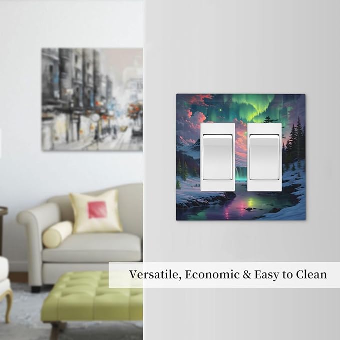 Snow Mountain Aurora Waterfalls Rivers Forest Decorative Outlet Covers 2 Gang Double GFCI Rocker Electrical Wall Panels Light Switch Cover Plate for Bedroom Living Room Decor