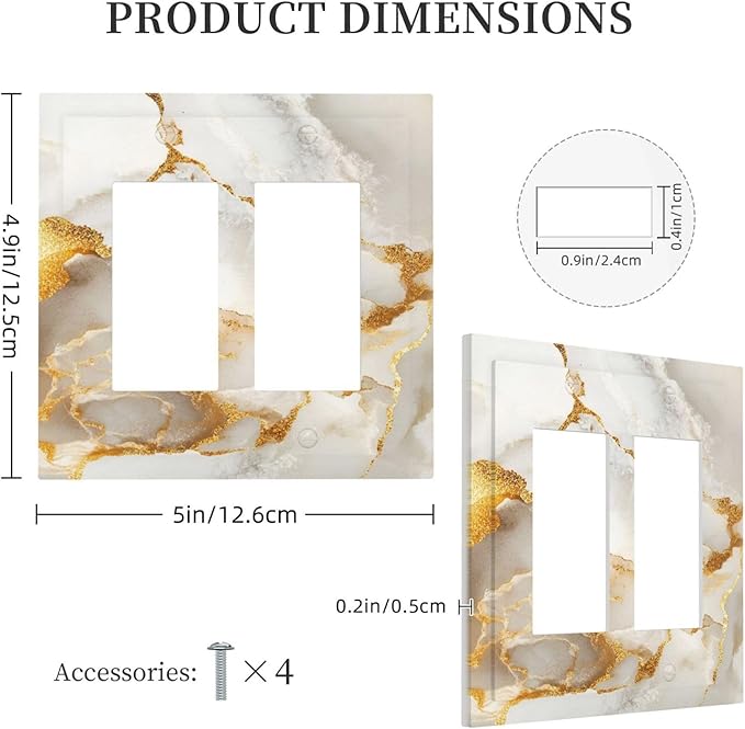 Gold Marble Crack Simple Abstract Print Decorative Outlet Covers 2 Gang Double GFCI Rocker Electrical Wall Panels Light Switch Cover Plate for Bathroom Kitchen Home Decor
