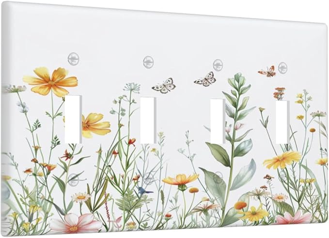 Light Switch Cover Plate Rustic Colorful Floral Butterfly Watercolor Flowers 4 Gang Quad Toggle Decorative Switch Plates Wall Panels Electrical Wall Plates Faceplate for Bathroom Bedroom Decor