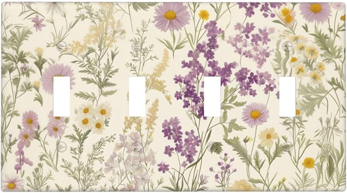 Watercolor Floral Leaves Quad Toggle Light Switch Cover Small Purple Flowers Daisies 4 Gang Wall Plate Decorative Electrical Switchplates Covers for Country Bathroom Bedroom Home Decor
