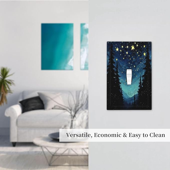 Decorative Light Switch Cover Blue Starry Sky Forest Painted Star Pine Tree Oil Painting 1 Gang Single Toggle Decorator Outlet Wall Plate Device Electrical Faceplate Switchplates for Bedroom Cabin