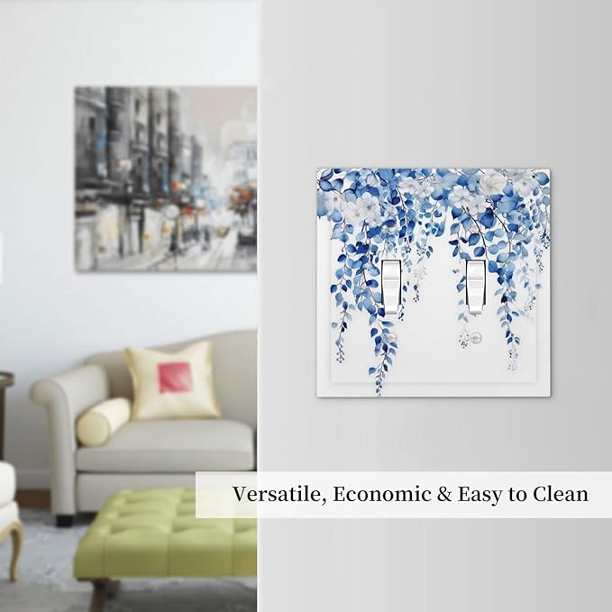 Blue Eucalyptus Leaves Floral Vine Flower Decorative Switch Plates 2 Gang Double Toggle Outlet Light Switch Cover Wall Plate Electrical Faceplate for Bedroom Living Room Decor