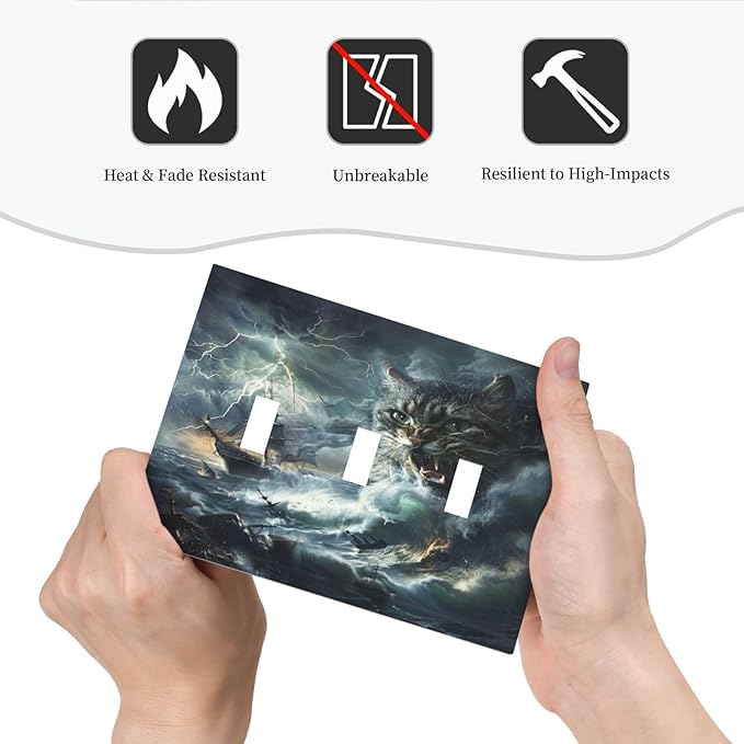 Light Switch Cover Plate funny Cat Stormy sea Lightning Sailboats 3 Gang Triple Toggle Decorative Switch Plates Wall Plates Electrical Switchplate Faceplate for Bathroom Kid Room Decor