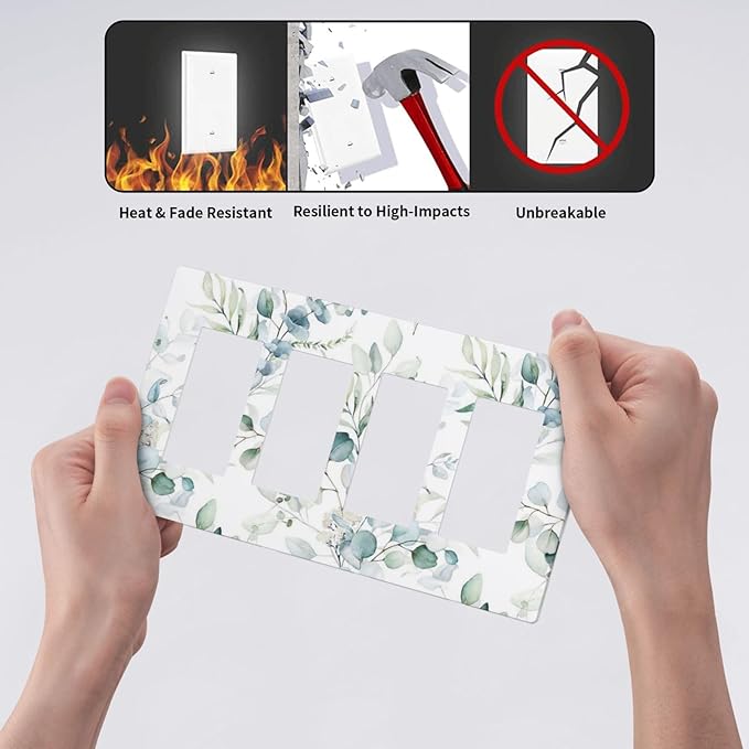 Watercolor Spring Eucalyptus Green Saga Leaves Plant Nature Botanical Floral 4 Gang Quad Device Screwless Decorator GFCI/Rocker Wall Plate Light Switch Dimmer Receptacle Outlet Cover Standard Size
