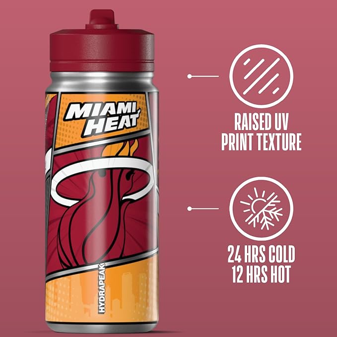 Hydrapeak x NBA Miami Heat 20 oz Stainless Steel Water Bottle, Officially Licensed Double Wall Insulated Sports Bottle with Straw Lid, Reusable Leakproof Gift for Kids & Adults