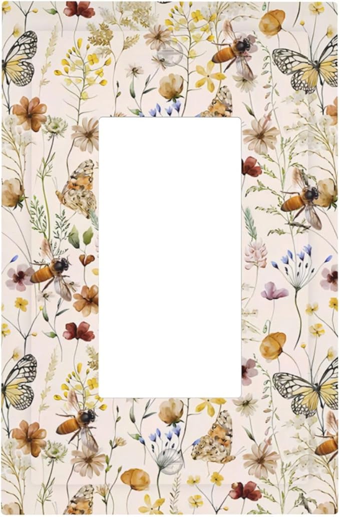 Vintage Butterflies Single Rocker Outlet Wall Plates Colorful Wildflower 1 Gang Light Switch Cover Decorative Cute Bees Electrical GFCI Switchplate Beige Flower Leaves Dimmer Decor for Bedroom Kidroom
