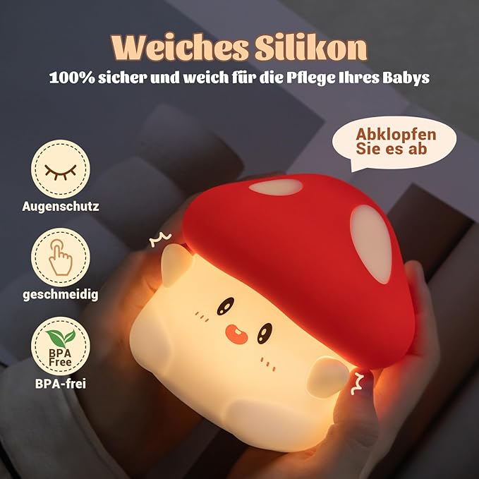 Rytinazzz Hug Mushroom Night Light, 50-Hour Battery & Pat Control, Squishy Lamp for Kids Bedroom, Girls, USB Rechargeable with Timer, Mothers Day Gifts