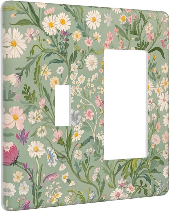 Decorative Toggle Switch Cover Plate with Vintage Wildflowers & Daisies Design 1/2-Gang Standard Toggle Wall Plate Light Green Outlet Cover Kitchen/Bedroom