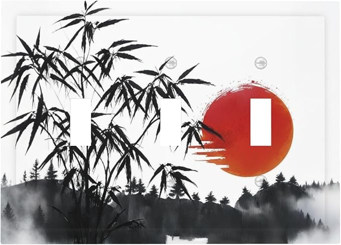 Decorative Light Switch Plate Covers Artistic Describe Black Bamboo Japanese Red Sun 3 Gang Wall Plate Switch Cover Plate Triple Toggle Jumbo Electrical Faceplate for Bedroom Decor