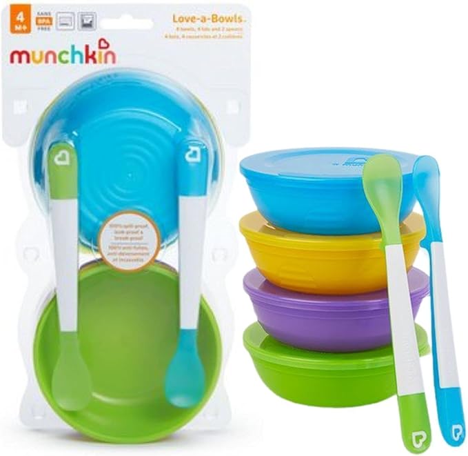 Munchkin® Love-a-Bowls™ 10 Piece Baby Feeding Set,Includes Bowls with Lids and Spoons,Multicolor,(Pack of 12)