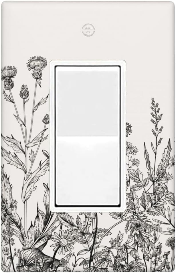 Gray Vintage Floral Garden 1-Gang Rocker Wall Plate, Neutral Cottage Garden Retro Wildflower Switch Plate for Living Room, Bedroom, Sunroom