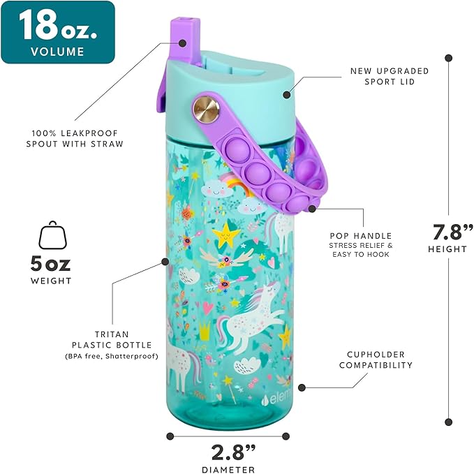 Elemental Water Bottles for Kids - Splash Kids Water Bottle for School with Pop-it Handle - BPA Free Tritan Plastic Water Bottle with Straw Leak Proof when Spout is Closed - Unicorn Robin's Egg - 18oz