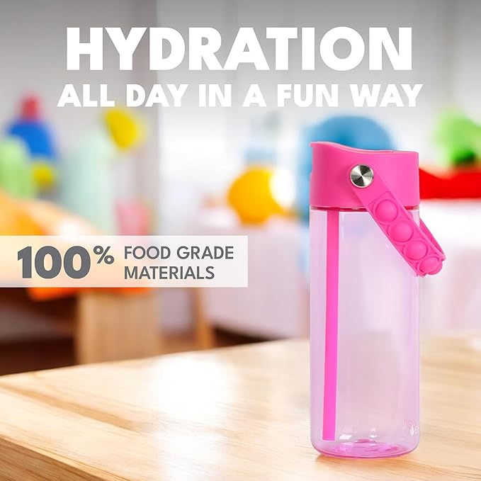 Elemental Water Bottles for Kids - Splash Kids Water Bottle for School with Pop-it Handle - BPA Free Tritan Plastic Water Bottle with Straw Leak Proof when Spout is Closed - Hot Pink - 18oz