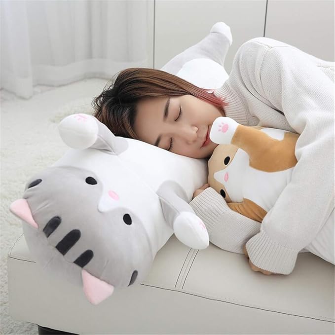 shangman Lovely Plush Cat Doll Cute Cartoon Soft Stuffed Kitten Pillow Long Throw Sleeping Pillow Doll Toy Gift for Kids Girlfriend Multiple Size (Grey,110cm/43.3in)