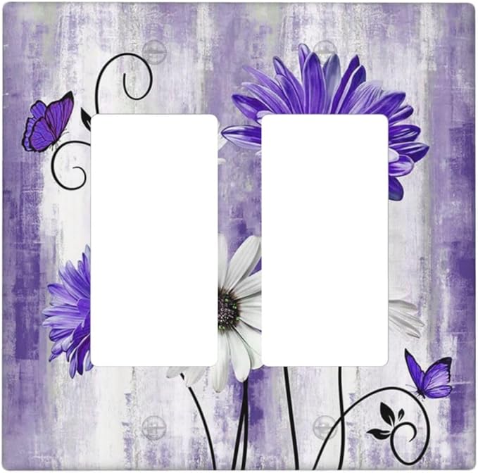 Decorative Outlet Covers Rustic Purple Daisy Butterfly Boho White Floral 2 Gang Wall Plate Cover Double Rocker Decora Light Switch Covers Plate Jumbo Dual Electrical GFCI Switch Plate Cover
