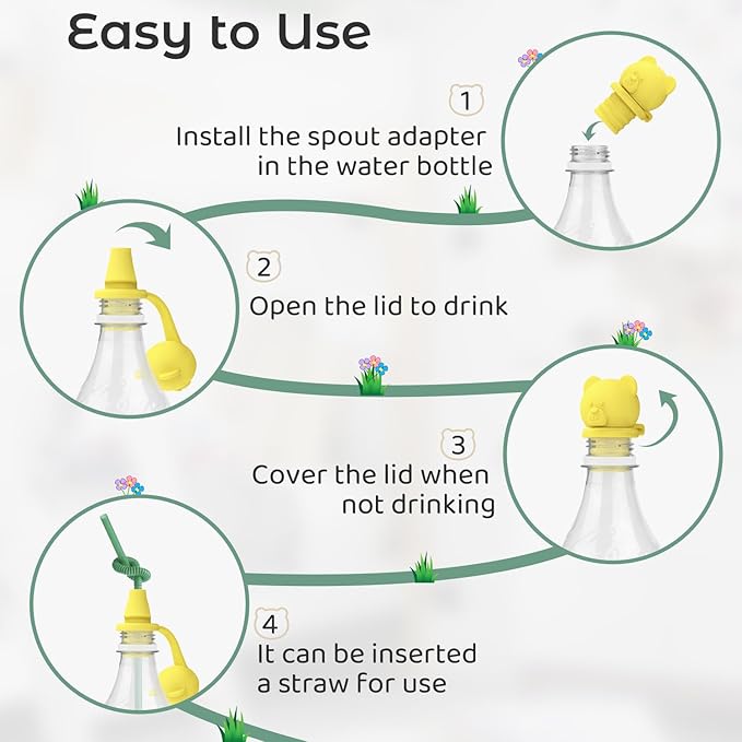 No Spill Water Bottle Caps - BPA Free Silicone Top Protects Child's Mouth, Replacement Spout Adapter for Toddlers to Adults - 4 Pack (Blue, Green, Yellow, Orange)