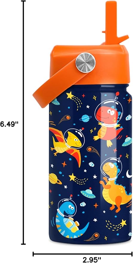 Kids Water Bottle with Straw Lid - 12 Oz Insulated Stainless Steel Dinosaur Water Bottles for Kid Boys - Travel Cup for School Sports