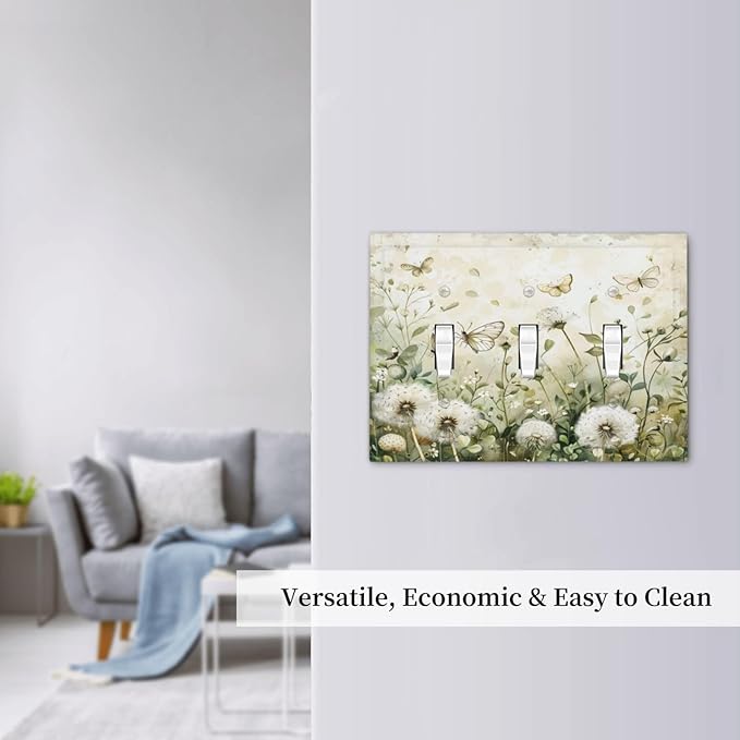Light Switch Cover Plate Watercolor Butterflies Dandelions Wildflowers 3 Gang Triple Toggle Decorative Switch Plates Wall Plates Electrical Switchplate Faceplate for Bathroom Bedroom Decor