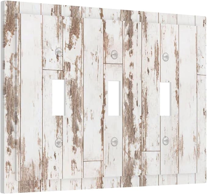 White Grey Wood 3 Gang Triple Toggle Light Switch Wall Plate Cover Decorative Electrical Faceplate for Rustic Barn Door Home Living Room Decorate 6.7" x 4.8