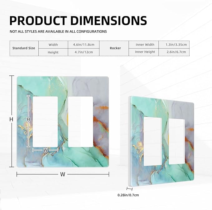 Teal Green Marble 2 Gang Double Rocker/Decor Light Switch Cover Decorative Outlet Wall Plate Electrical Faceplate Home Bedroom Art Panel Decor Screwless 4.7" x 4.6