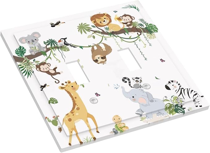 Jungle Animals Tree Branch Monkey Giraffe Lion Elephant Decorative Switch Plates 2 Gang Double Toggle Outlet Light Switch Cover Wall Plate Electrical Faceplate for Kids Room Nursery Decor