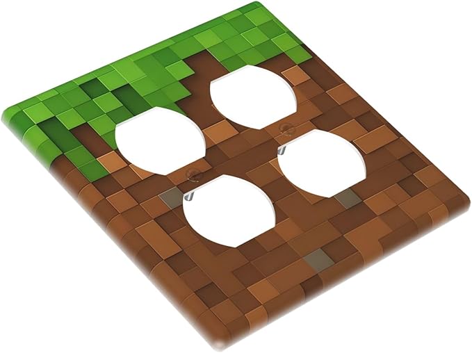 Pixel Style Gamer Themed Grass Block Outlet Covers 2 Gang Double Duplex Decorative Light Switch Covers Electrical Wallplates Socket Faceplate for Kids Room Office Home Decor