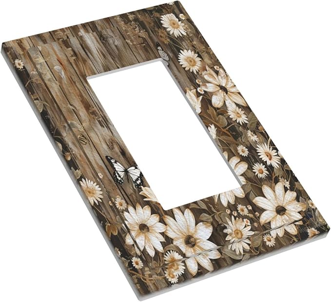 Light Switch Cover Plate Rustic Wood Butterflies Flowers Botanical 1 Gang Outlet Covers Single Rocker Decorative Switch plates Electrical Wall Plates GFCI Receptacle for Farmhouse Cabin Decor