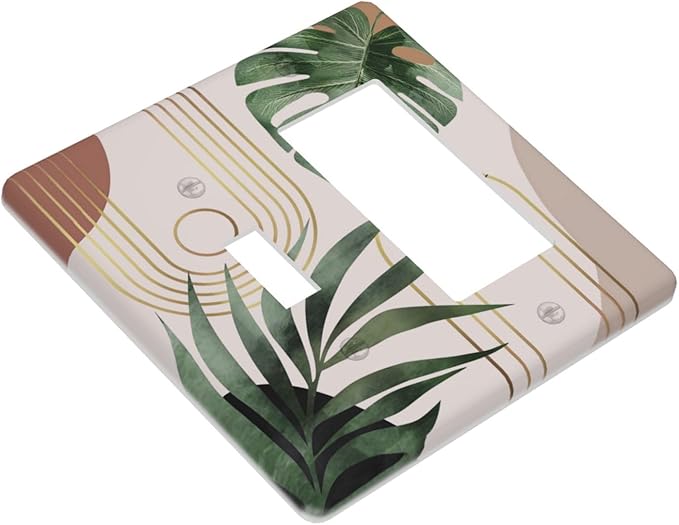 Vintage 70S Mid Century Boho Decorative Single Toggle/Rocker Combo Light Switch Cover 2-Gang Palm Leaf Abstract Art Electrical Wall Plate Double Combination Switch Decorator GFCI Receptacle Cover