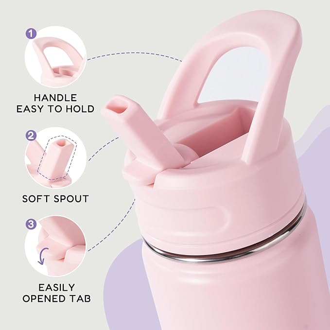 Fijinhom 12oz Water Bottle with Straws, Stainless Steel Vacuum Insulated Water Bottle Leak-Proof, BPA-Free, Purple + Pink