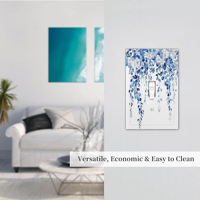 Blue Eucalyptus Leaves Floral Vine Flower Decorative Light Switch Cover 1 Gang Single Toggle Device Electrical Faceplate Switchplates Decorator Outlet Wall Plate for Bedroom Living Room Decor